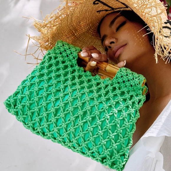 Boho Bamboo Top Handle Crochet Bag - Picture 1 of 13
